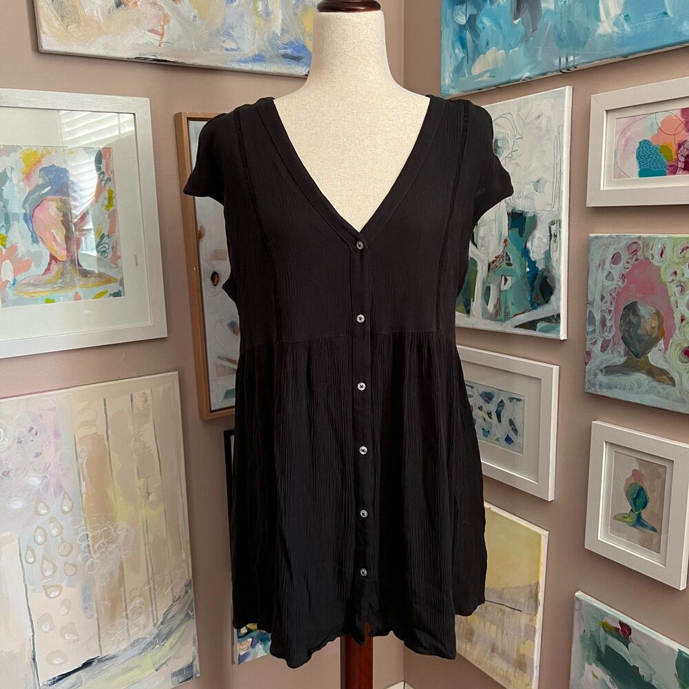 Vanessa Virginia Anthropologie Black Top Button Front Boho Minimalist‎ Blouse L